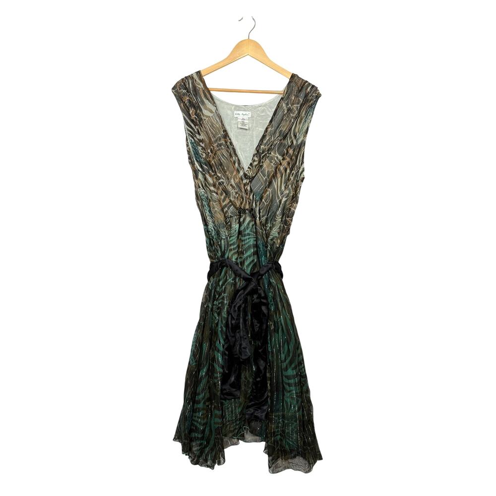 Ulla Popken Chiffon Midi Dress Size 20/22 Green Animal Print Metallic Tie Waist
